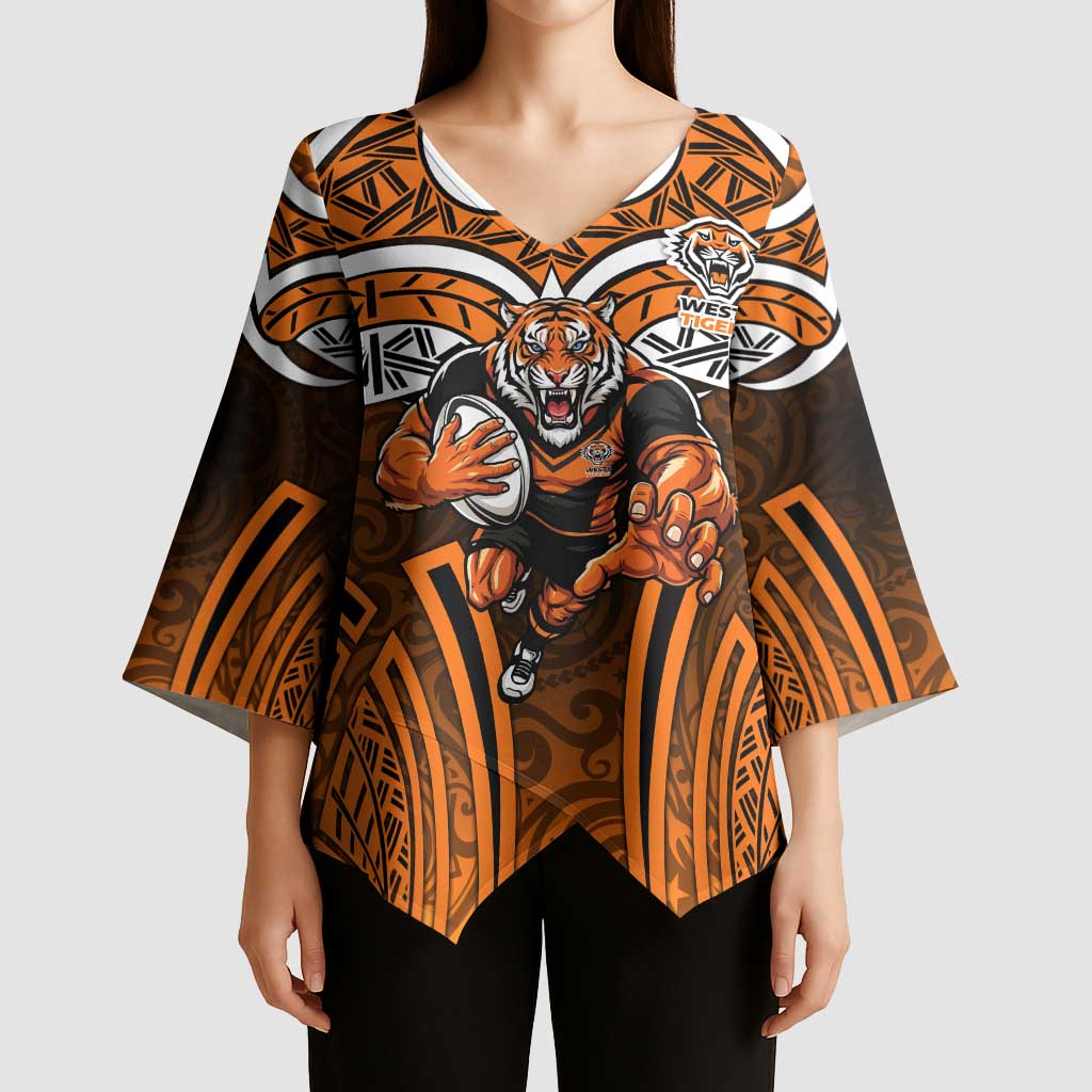 Wests Tigers Rugby Kimono Sleeve Blouse Polynesian Tribal Tiger Warrior Orange Black Pattern