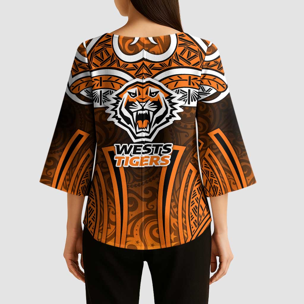 Wests Tigers Rugby Kimono Sleeve Blouse Polynesian Tribal Tiger Warrior Orange Black Pattern