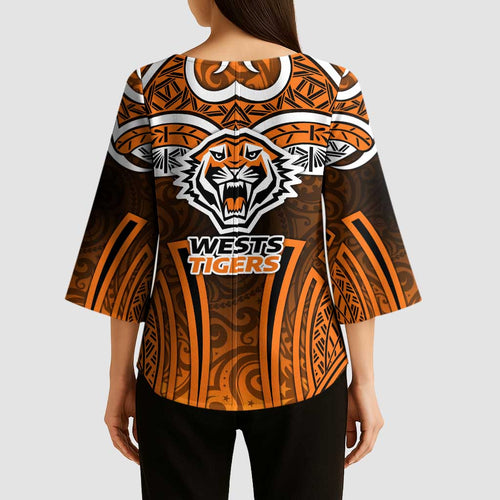 Wests Tigers Rugby Kimono Sleeve Blouse Polynesian Tribal Tiger Warrior Orange Black Pattern