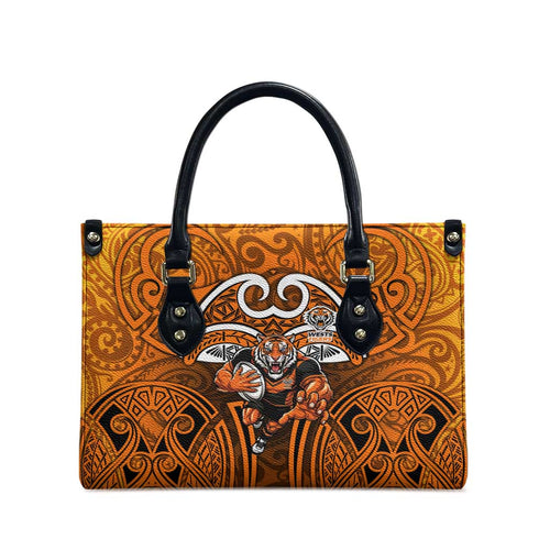 Wests Tigers Rugby Leather Bag Polynesian Tribal Tiger Warrior Orange Black Pattern