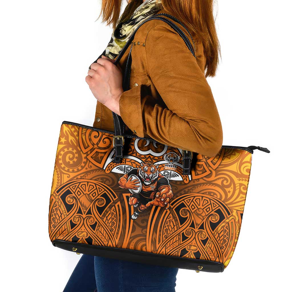 Wests Tigers Rugby Leather Tote Bag Polynesian Tribal Tiger Warrior Orange Black Pattern