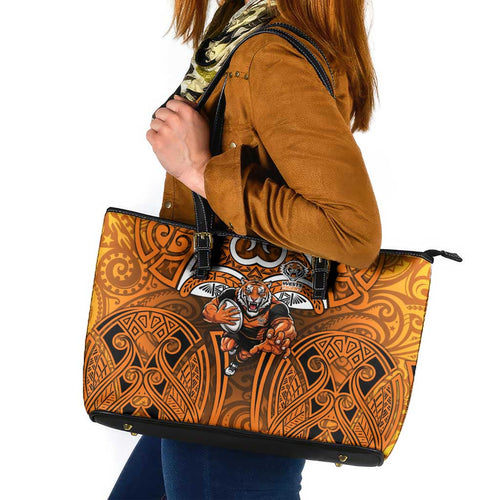 Wests Tigers Rugby Leather Tote Bag Polynesian Tribal Tiger Warrior Orange Black Pattern
