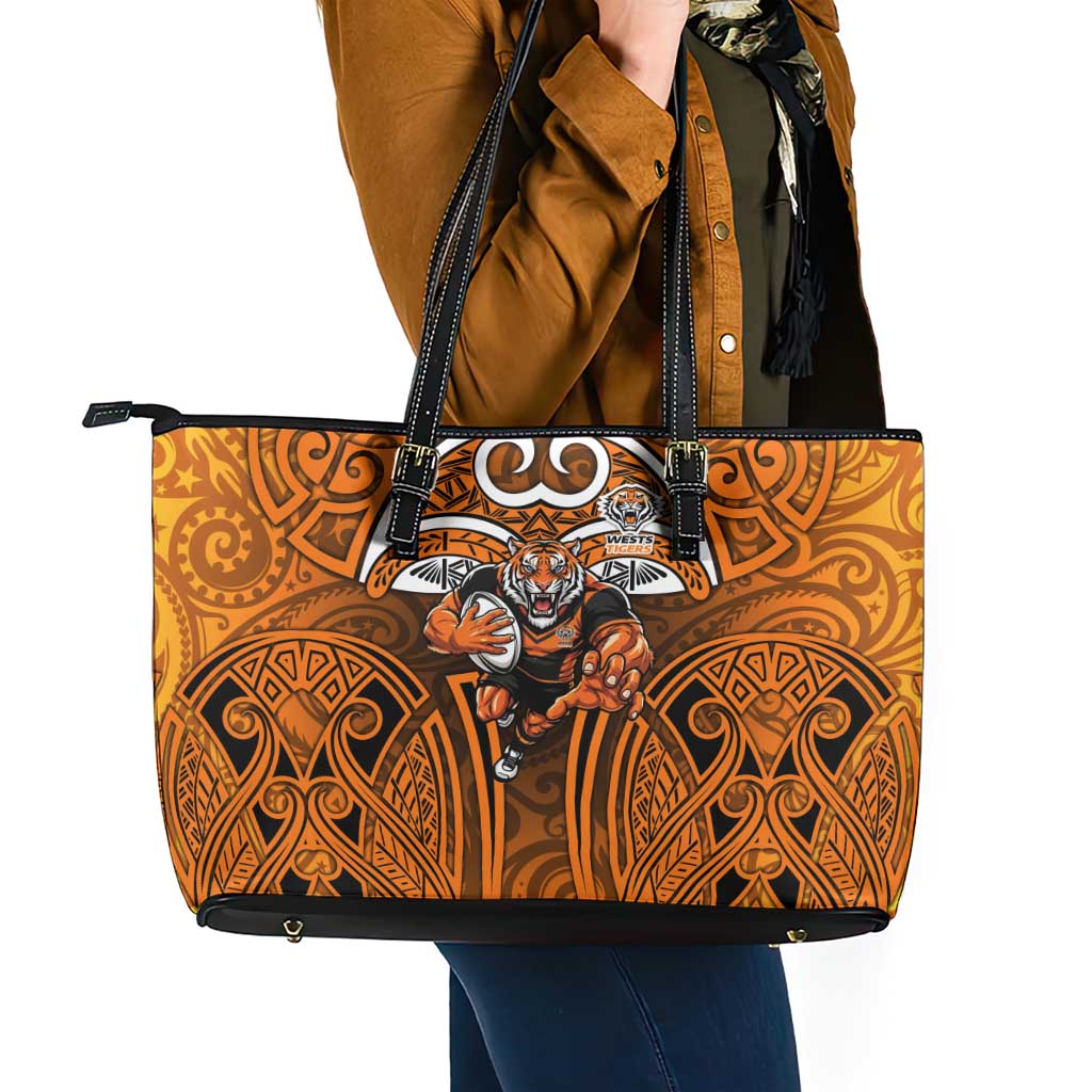Wests Tigers Rugby Leather Tote Bag Polynesian Tribal Tiger Warrior Orange Black Pattern