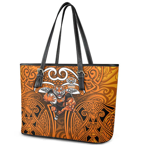 Wests Tigers Rugby Leather Tote Bag Polynesian Tribal Tiger Warrior Orange Black Pattern