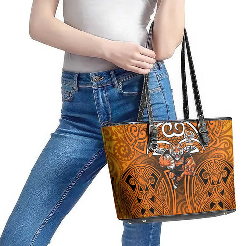 Wests Tigers Rugby Leather Tote Bag Polynesian Tribal Tiger Warrior Orange Black Pattern