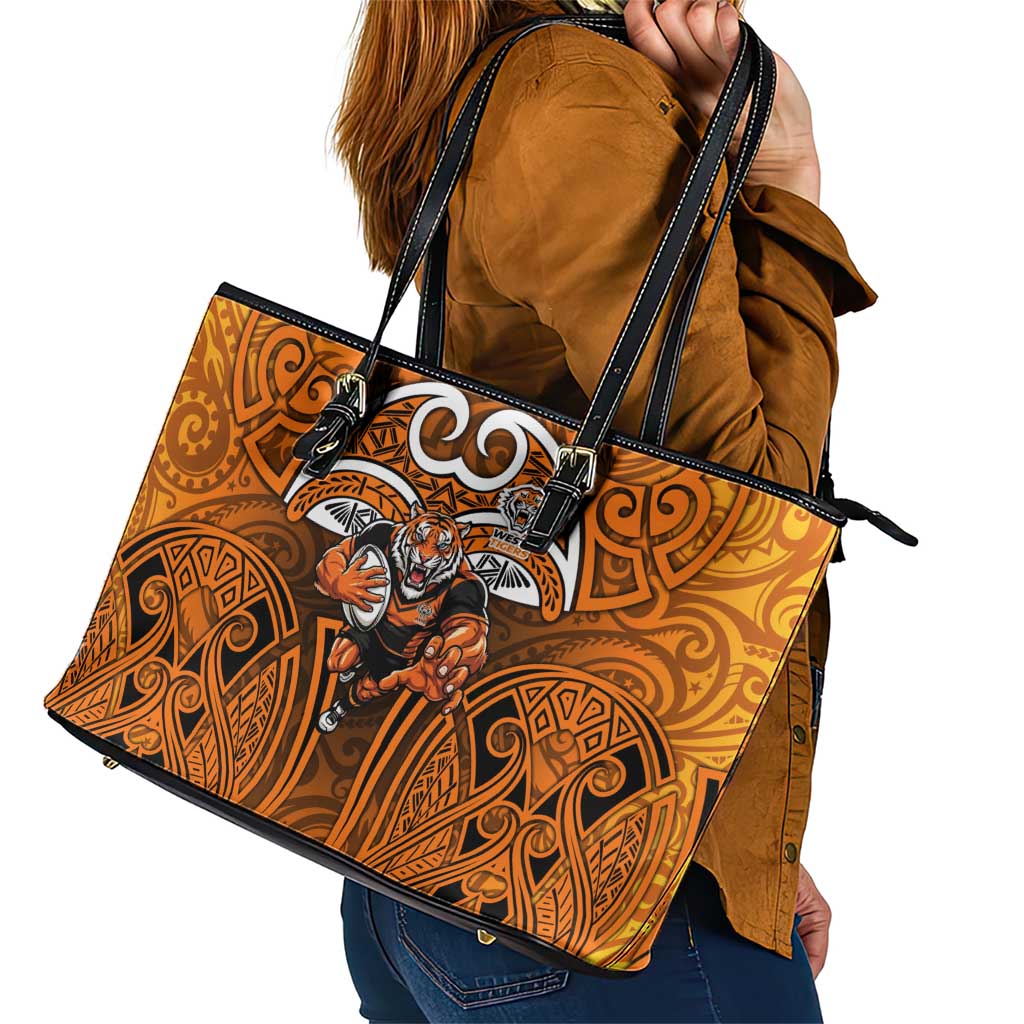 Wests Tigers Rugby Leather Tote Bag Polynesian Tribal Tiger Warrior Orange Black Pattern