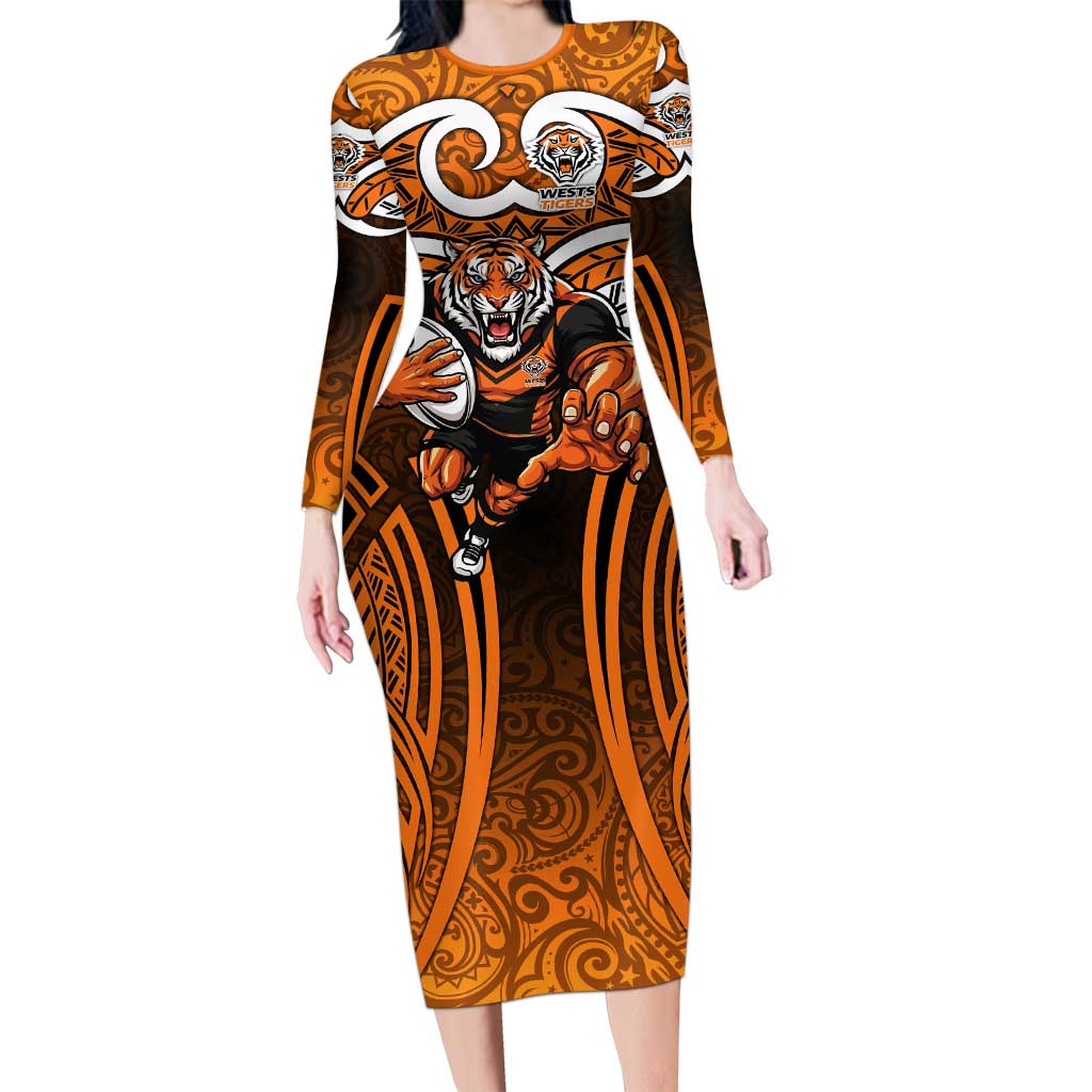 Wests Tigers Rugby Long Sleeve Bodycon Dress Polynesian Tribal Tiger Warrior Orange Black Pattern