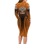 Wests Tigers Rugby Long Sleeve Bodycon Dress Polynesian Tribal Tiger Warrior Orange Black Pattern