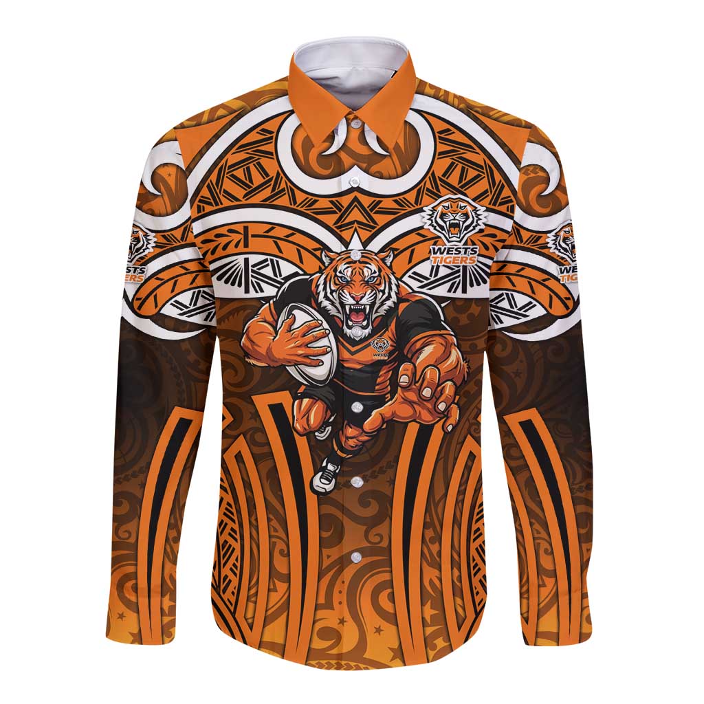 Wests Tigers Rugby Long Sleeve Button Shirt Polynesian Tribal Tiger Warrior Orange Black Pattern