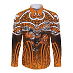 Wests Tigers Rugby Long Sleeve Button Shirt Polynesian Tribal Tiger Warrior Orange Black Pattern