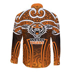 Wests Tigers Rugby Long Sleeve Button Shirt Polynesian Tribal Tiger Warrior Orange Black Pattern