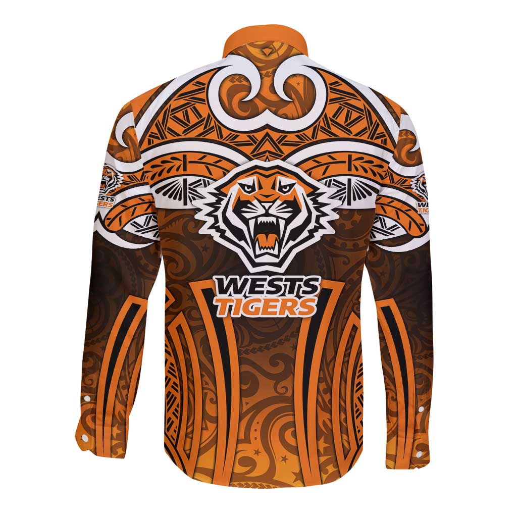 Wests Tigers Rugby Long Sleeve Button Shirt Polynesian Tribal Tiger Warrior Orange Black Pattern