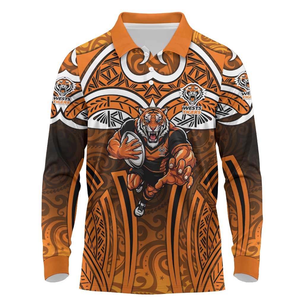 Wests Tigers Rugby Long Sleeve Polo Shirt Polynesian Tribal Tiger Warrior Orange Black Pattern