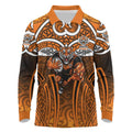 Wests Tigers Rugby Long Sleeve Polo Shirt Polynesian Tribal Tiger Warrior Orange Black Pattern