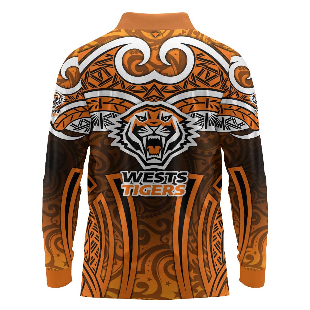 Wests Tigers Rugby Long Sleeve Polo Shirt Polynesian Tribal Tiger Warrior Orange Black Pattern