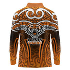 Wests Tigers Rugby Long Sleeve Polo Shirt Polynesian Tribal Tiger Warrior Orange Black Pattern