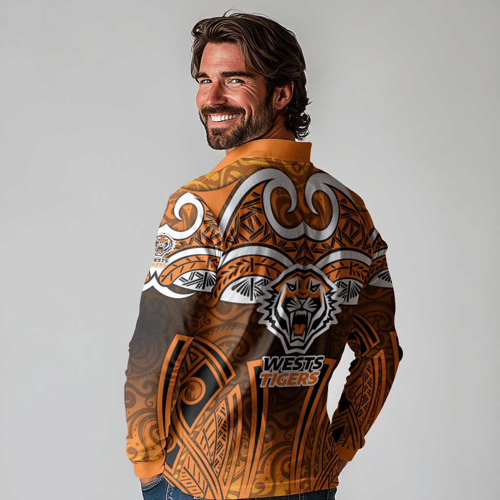 Wests Tigers Rugby Long Sleeve Polo Shirt Polynesian Tribal Tiger Warrior Orange Black Pattern