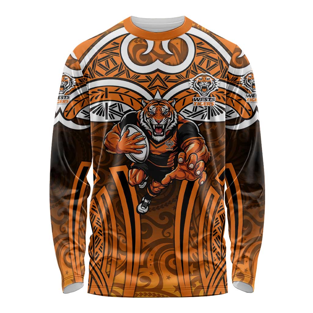 Wests Tigers Rugby Long Sleeve Shirt Polynesian Tribal Tiger Warrior Orange Black Pattern