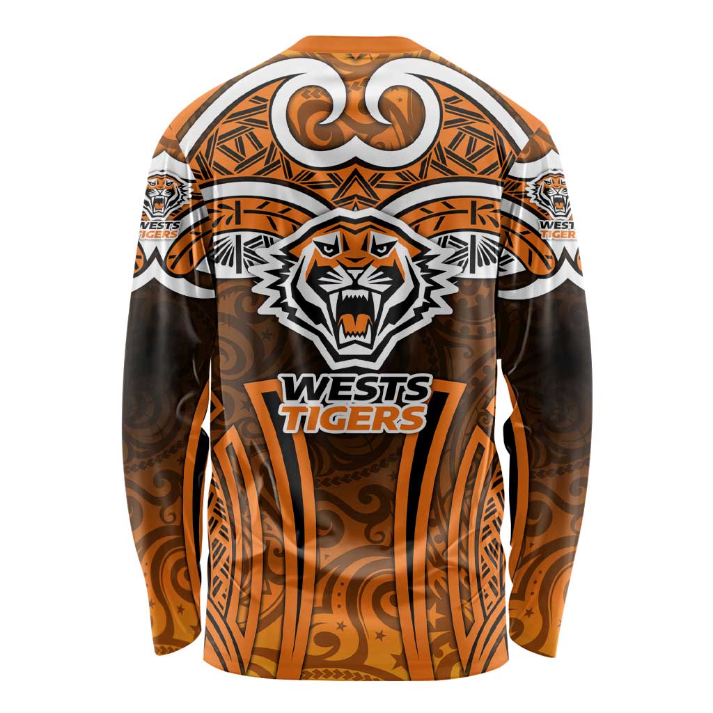 Wests Tigers Rugby Long Sleeve Shirt Polynesian Tribal Tiger Warrior Orange Black Pattern