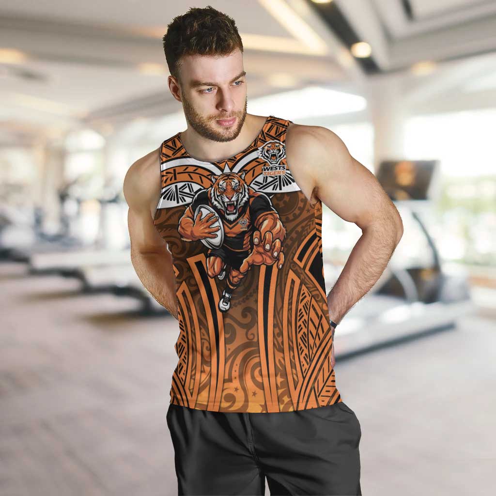 Wests Tigers Rugby Men Tank Top Polynesian Tribal Tiger Warrior Orange Black Pattern
