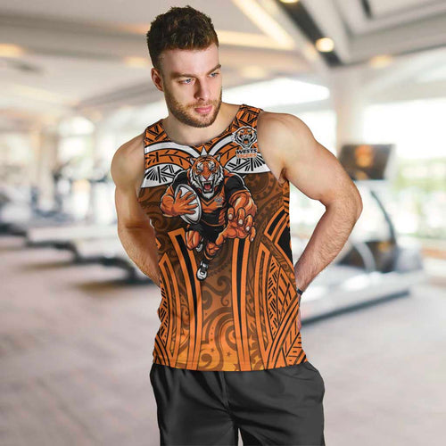 Wests Tigers Rugby Men Tank Top Polynesian Tribal Tiger Warrior Orange Black Pattern