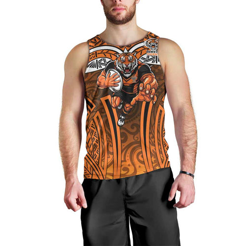 Wests Tigers Rugby Men Tank Top Polynesian Tribal Tiger Warrior Orange Black Pattern