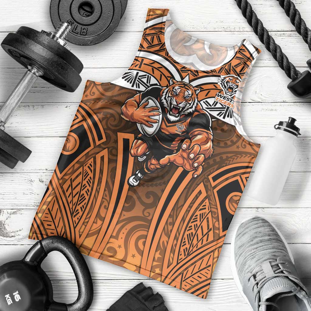 Wests Tigers Rugby Men Tank Top Polynesian Tribal Tiger Warrior Orange Black Pattern