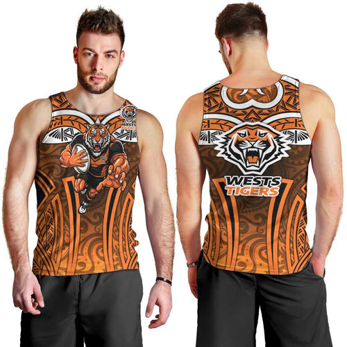 Wests Tigers Rugby Men Tank Top Polynesian Tribal Tiger Warrior Orange Black Pattern