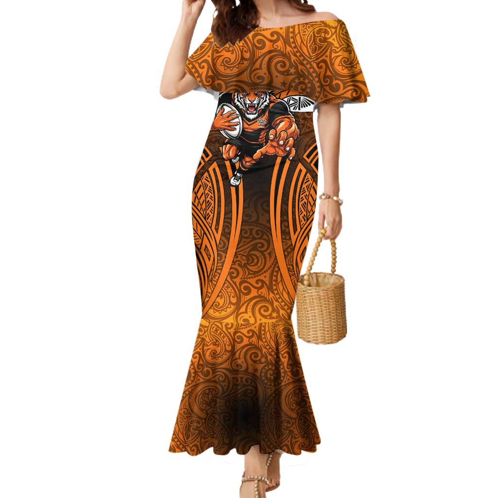Wests Tigers Rugby Mermaid Dress Polynesian Tribal Tiger Warrior Orange Black Pattern
