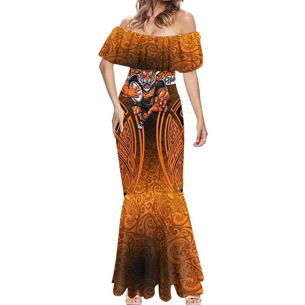 Wests Tigers Rugby Mermaid Dress Polynesian Tribal Tiger Warrior Orange Black Pattern