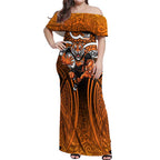 Wests Tigers Rugby Off Shoulder Maxi Dress Polynesian Tribal Tiger Warrior Orange Black Pattern