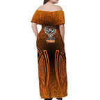 Wests Tigers Rugby Off Shoulder Maxi Dress Polynesian Tribal Tiger Warrior Orange Black Pattern