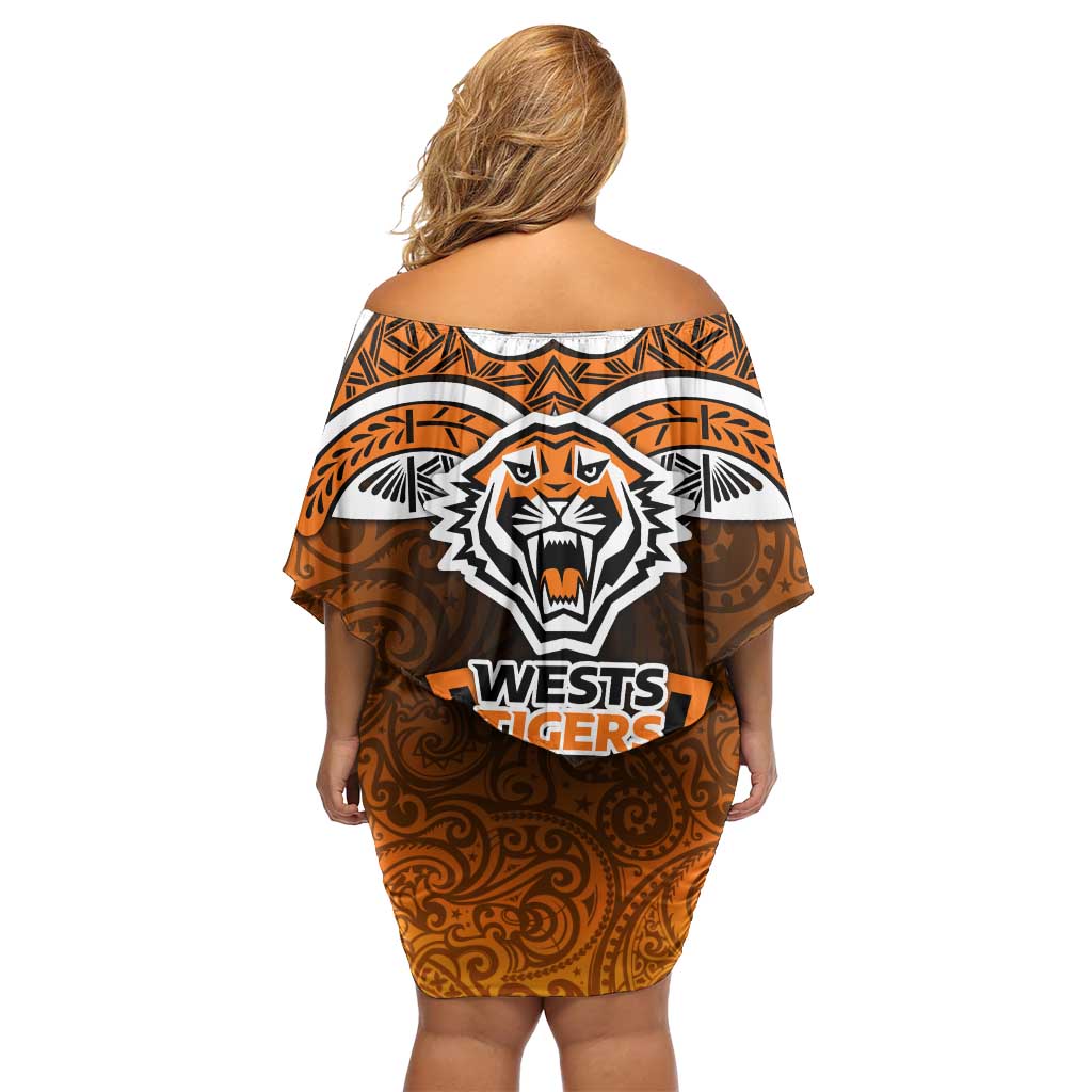 Wests Tigers Rugby Off Shoulder Short Dress Polynesian Tribal Tiger Warrior Orange Black Pattern