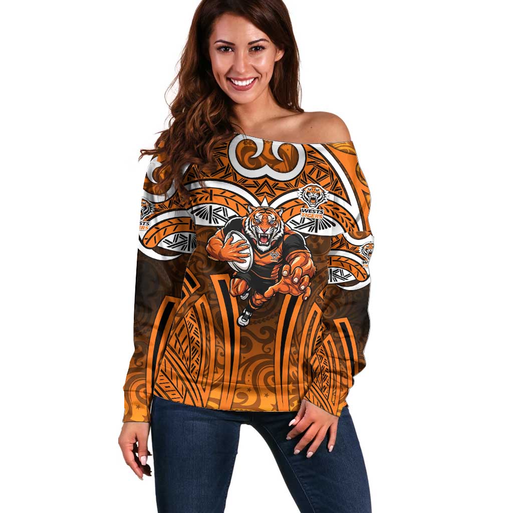 Wests Tigers Rugby Off Shoulder Sweater Polynesian Tribal Tiger Warrior Orange Black Pattern