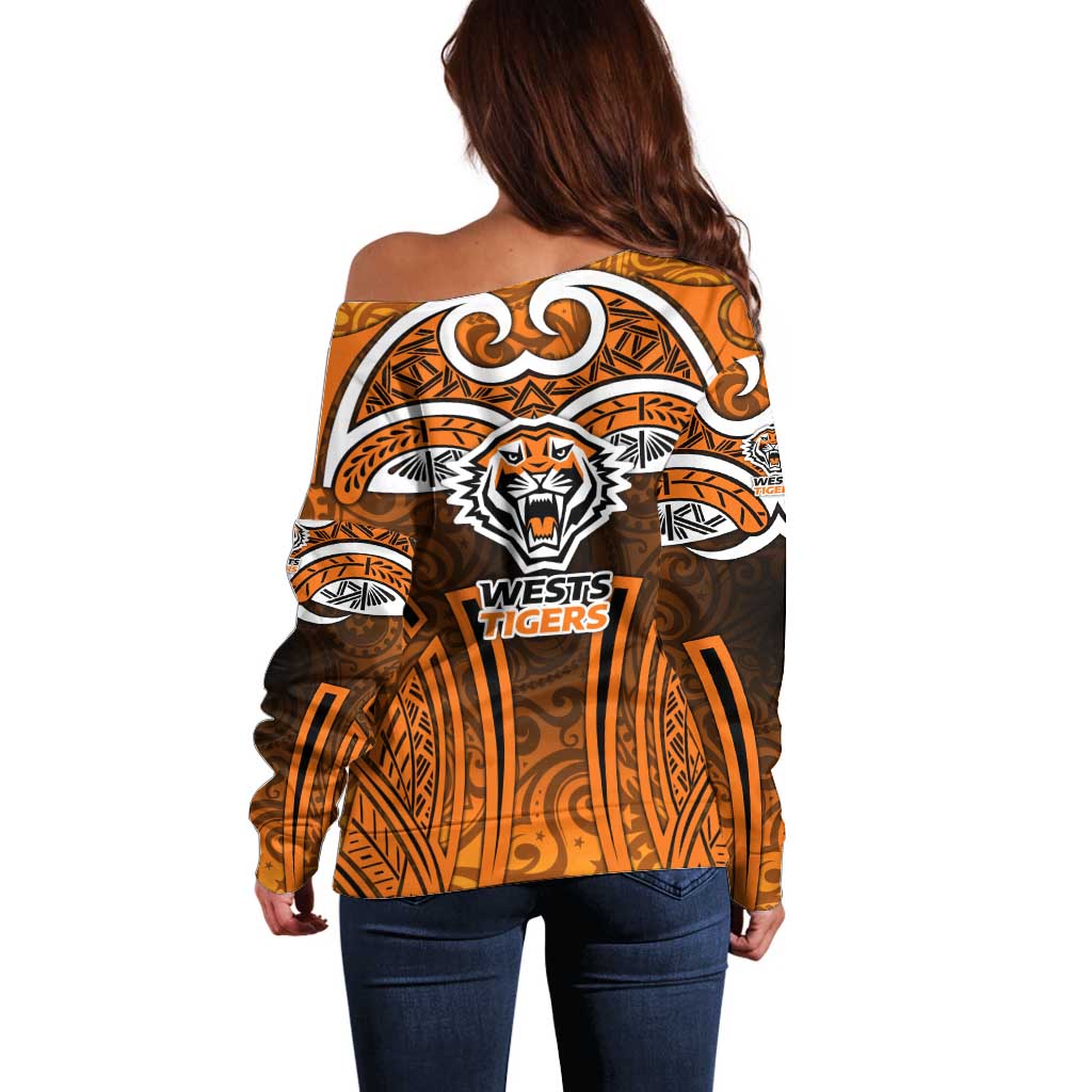Wests Tigers Rugby Off Shoulder Sweater Polynesian Tribal Tiger Warrior Orange Black Pattern