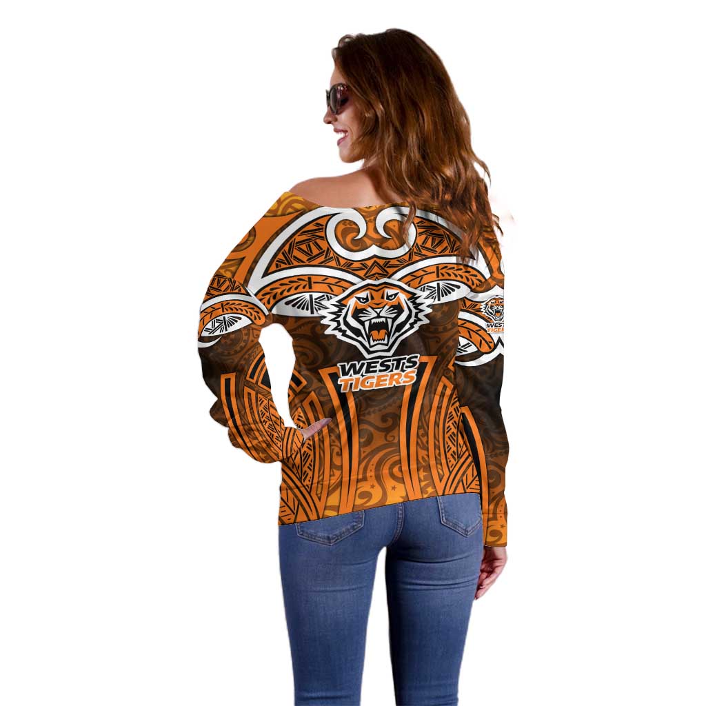 Wests Tigers Rugby Off Shoulder Sweater Polynesian Tribal Tiger Warrior Orange Black Pattern