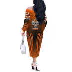Wests Tigers Rugby Off The Shoulder Long Sleeve Dress Polynesian Tribal Tiger Warrior Orange Black Pattern