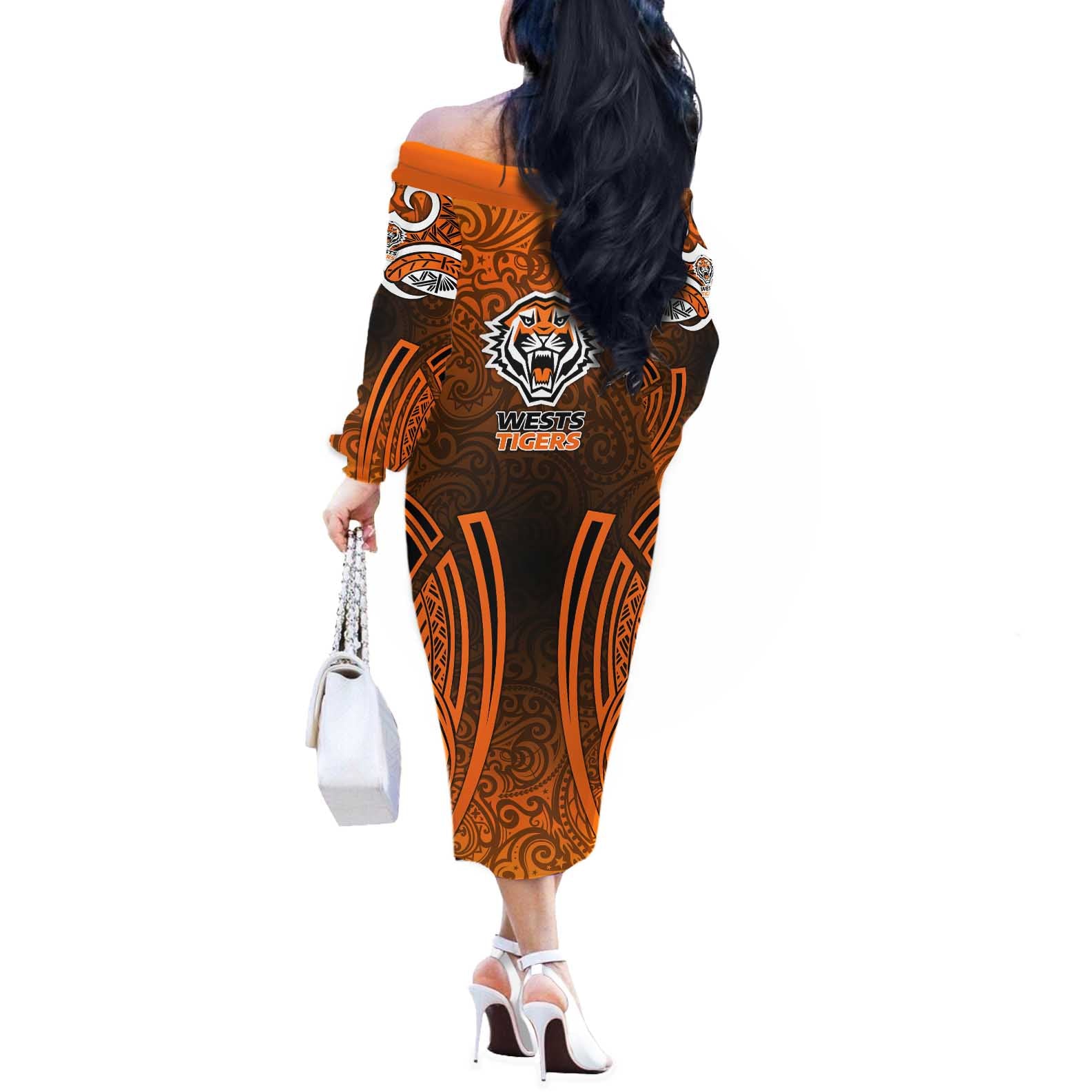 Wests Tigers Rugby Off The Shoulder Long Sleeve Dress Polynesian Tribal Tiger Warrior Orange Black Pattern
