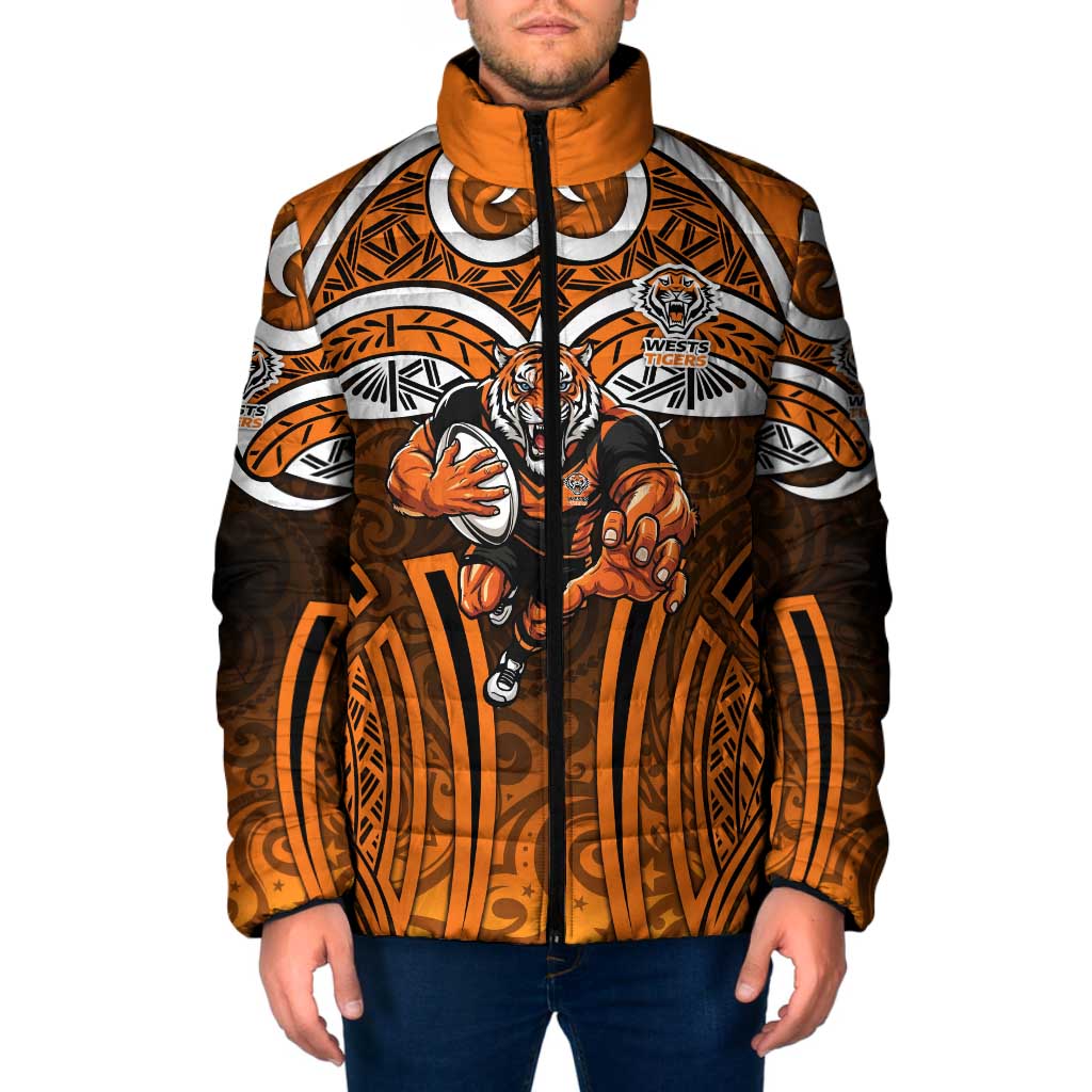 Wests Tigers Rugby Padded Jacket Polynesian Tribal Tiger Warrior Orange Black Pattern