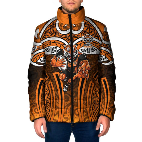 Wests Tigers Rugby Padded Jacket Polynesian Tribal Tiger Warrior Orange Black Pattern