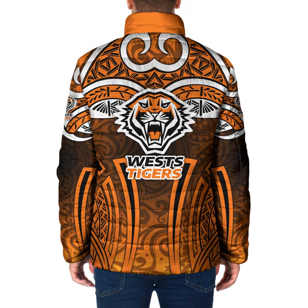 Wests Tigers Rugby Padded Jacket Polynesian Tribal Tiger Warrior Orange Black Pattern