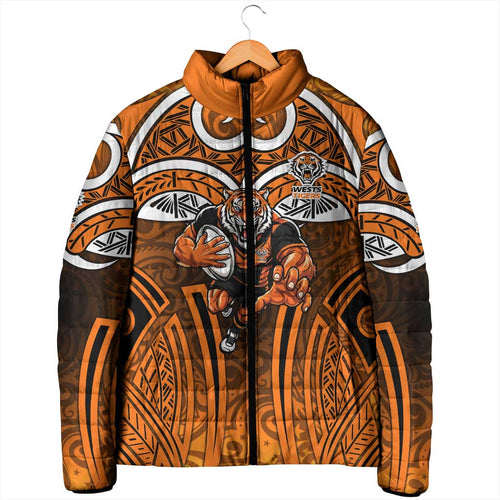 Wests Tigers Rugby Padded Jacket Polynesian Tribal Tiger Warrior Orange Black Pattern