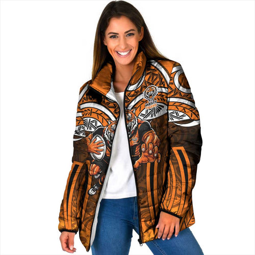 Wests Tigers Rugby Padded Jacket Polynesian Tribal Tiger Warrior Orange Black Pattern