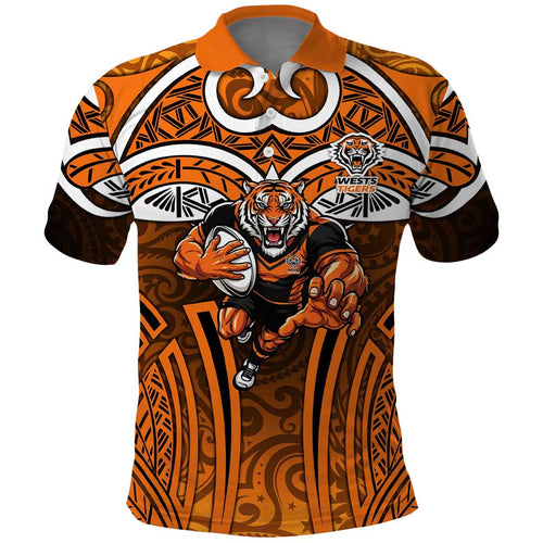 Wests Tigers Rugby Polo Shirt Polynesian Tribal Tiger Warrior Orange Black Pattern