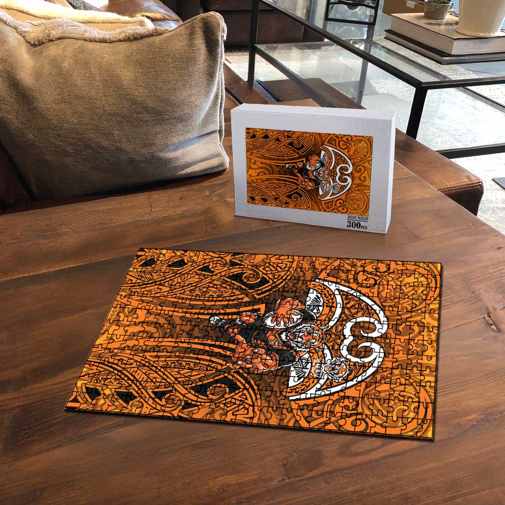 Wests Tigers Rugby Puzzle Polynesian Tribal Tiger Warrior Orange Black Pattern