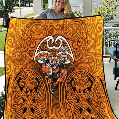 Wests Tigers Rugby Quilt Polynesian Tribal Tiger Warrior Orange Black Pattern