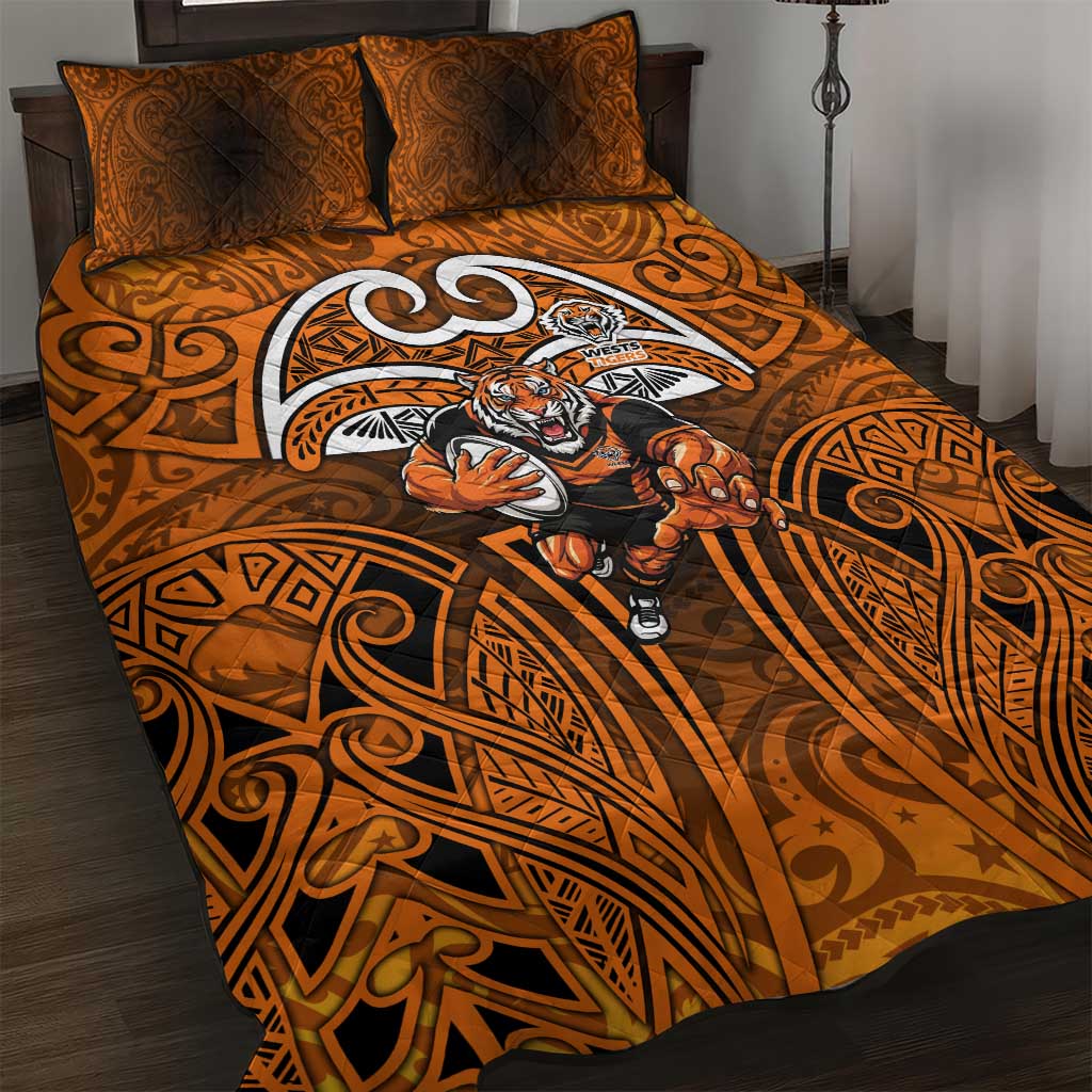 Wests Tigers Rugby Quilt Bed Set Polynesian Tribal Tiger Warrior Orange Black Pattern