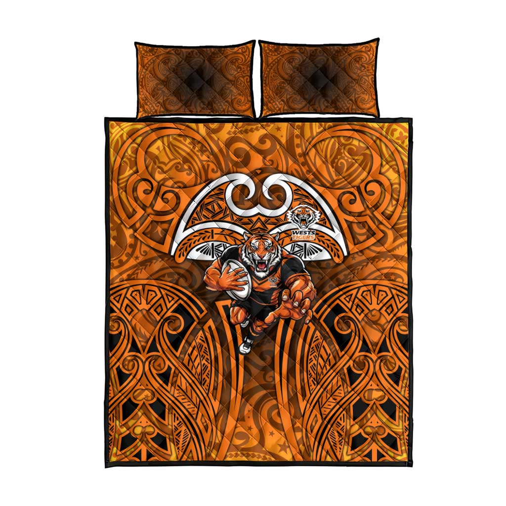 Wests Tigers Rugby Quilt Bed Set Polynesian Tribal Tiger Warrior Orange Black Pattern