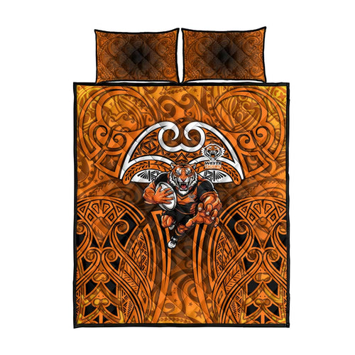 Wests Tigers Rugby Quilt Bed Set Polynesian Tribal Tiger Warrior Orange Black Pattern