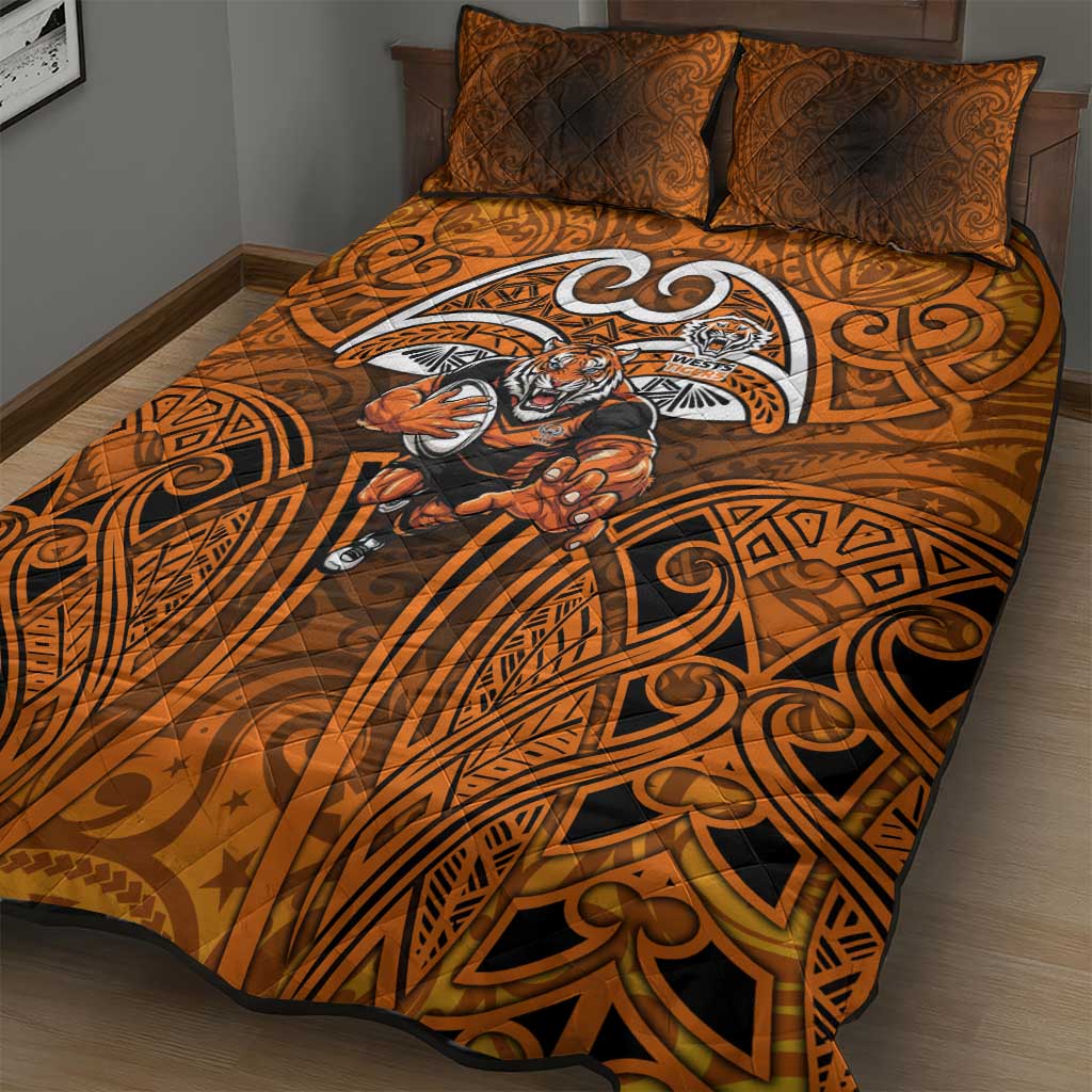 Wests Tigers Rugby Quilt Bed Set Polynesian Tribal Tiger Warrior Orange Black Pattern